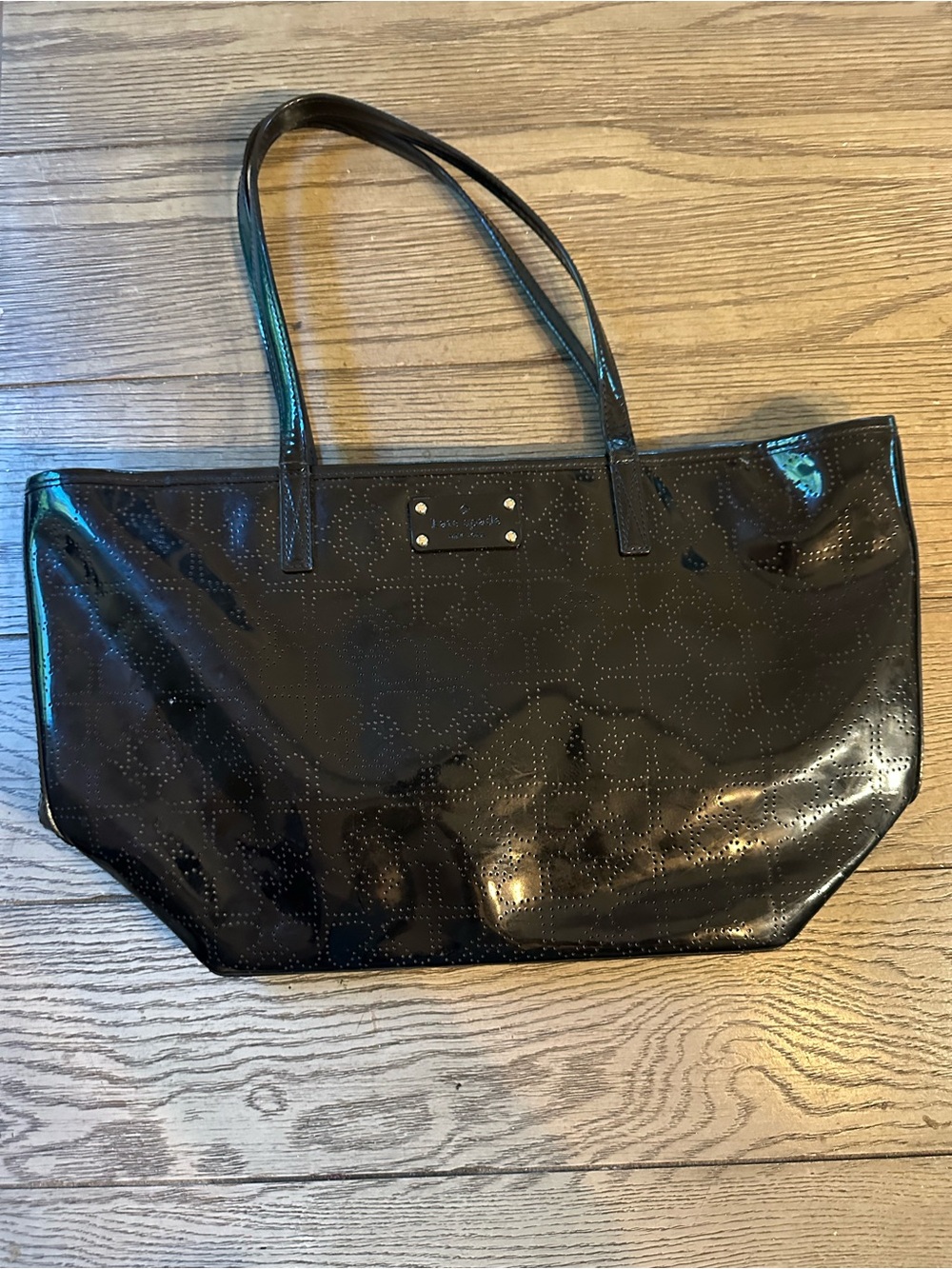 kate spade Black Patent Shoulder Tote with Perforated Pattern
